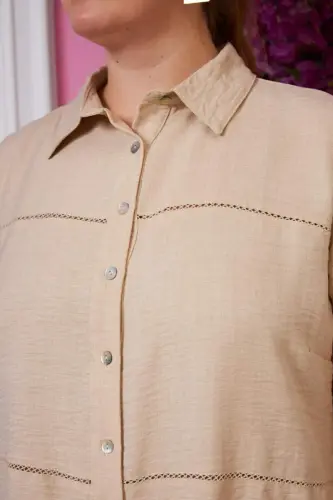 Rmg Sleeve And Crochet Detailed Plus Size Mink Shirt - 3