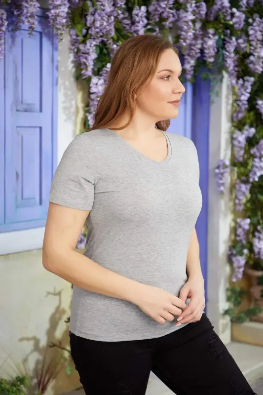 RMG V-Neck Plus Size Gray T-Shirt - 3