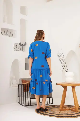 Yaka ve Nakış Detaylı Büyük Beden Elbise İndigo - 6