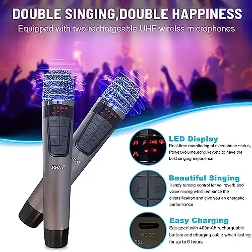 RModazone K222 Karaoke Machine with 2 UHF Wireless Microphones & 5 Music Modes, Support Optical/Bluetooth/AUX/USB/PC, Wooden Home Karaoke Singing Machine for TV, Home, Karaoke, Singing Party, Christmas - 4