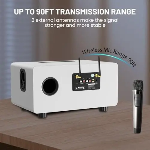 RModazone K222 Karaoke Machine, Connect to TV/Sound Bar/DVD, Support 3 Mics, 90FT Range for Wireless Mic Working, Bass & Treble Adjustable, Support Optical/Bluetooth/Line in/Line Out, for Home Party - 2
