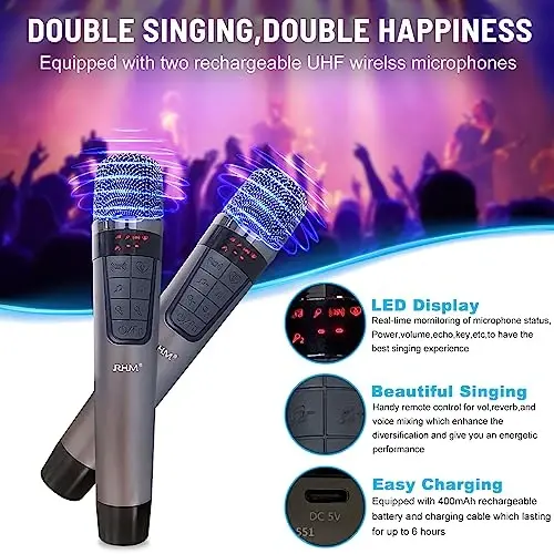 RModazone K222 Karaoke Machine, Connect to TV via Optical or Bluetooth, with Powerful Sound, Deep Bass, 2 UHF Wireless Mics & 5 Music Modes, Support AUX/USB/PC, Great for Music Lovers/Home Party/Meeting - 4