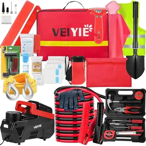 Roadside car Emergency kit, 12PCS Emergency Car Kits for Vehicles with Jumper Cables, Portable Air Compressor, Tow Strap, Survival kit, Emergency Supplies for Women,Man, New Driver Gifts - 1