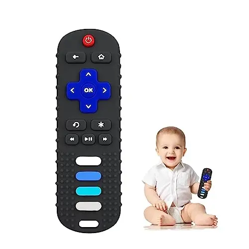 ROBBEAR Baby Teething Toys, Food Grade Silicone Teether for Babies 3 6 12 18 Months, TV Remote Shape Toddlers Chew Toys, Freezer BPA Free (Black RC) 