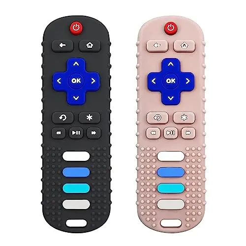ROBBEAR Baby Teething Toys, Food Grade Silicone Teether for Babies 3 6 12 18 Months, TV Remote Shape Toddlers Chew Toys, Freezer BPA Free (Black+Khaki) - ROBBEAR