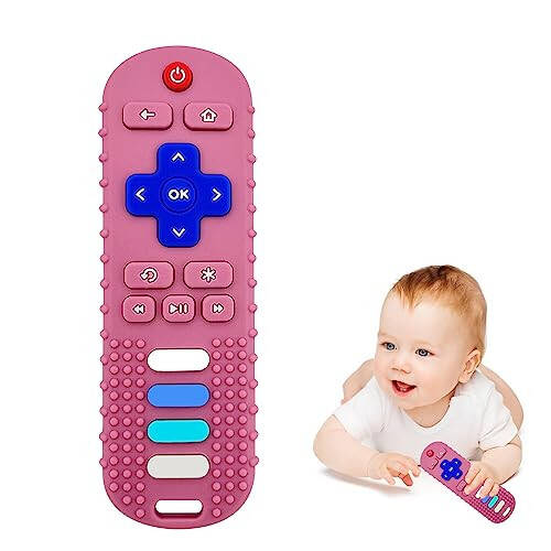 ROBBEAR Baby Teething Toys, Food Grade Silicone Teether for Babies 3 6 12 18 Months, TV Remote Shape Toddlers Chew Toys, Freezer BPA Free (Pink RC) - 1