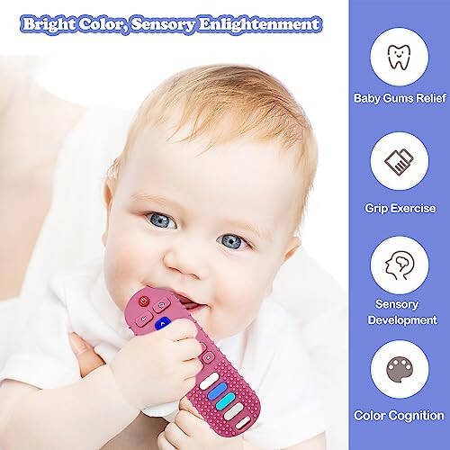 ROBBEAR Baby Teething Toys, Food Grade Silicone Teether for Babies 3 6 12 18 Months, TV Remote Shape Toddlers Chew Toys, Freezer BPA Free (Pink RC) - 3