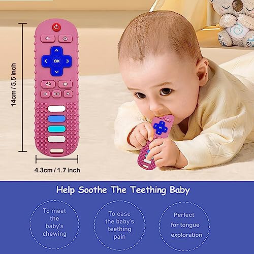 ROBBEAR Baby Teething Toys, Food Grade Silicone Teether for Babies 3 6 12 18 Months, TV Remote Shape Toddlers Chew Toys, Freezer BPA Free (Pink RC) - 5