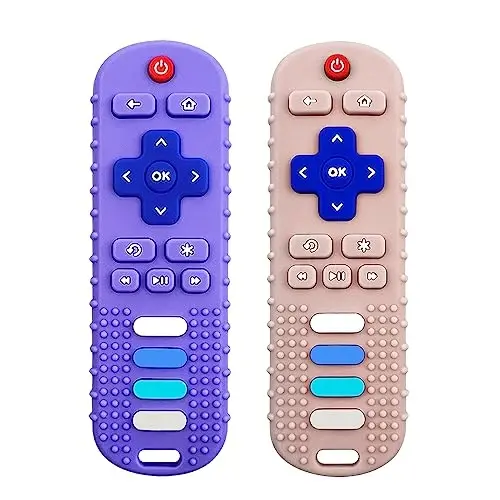 ROBBEAR Baby Teething Toys, Food Grade Silicone Teether for Babies 3 6 12 18 Months, TV Remote Shape Toddlers Chew Toys, Freezer BPA Free (Purple+Khaki) - 1