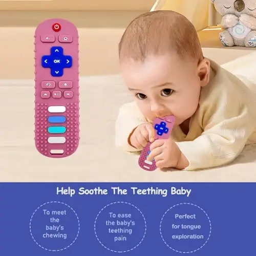 ROBBEAR Baby Teething Toys, Food Grade Silicone Teether for Babies 3 6 12 18 Months, TV Remote Shape Toddlers Chew Toys, Freezer BPA Free (Pink RC) - 7