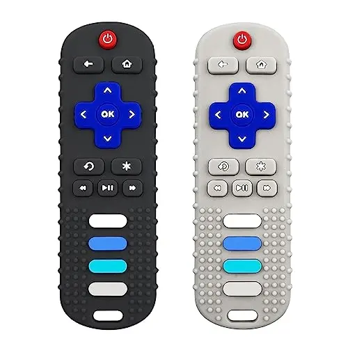 ROBBEAR Baby Teething Toys, Food Grade Silicone Teether for Babies 3 6 12 18 Months, TV Remote Shape Toddlers Chew Toys, Freezer BPA Free (Black+Beige) 