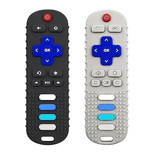 ROBBEAR Baby Teething Toys, Food Grade Silicone Teether for Babies 3 6 12 18 Months, TV Remote Shape Toddlers Chew Toys, Freezer BPA Free (Black+Beige) 