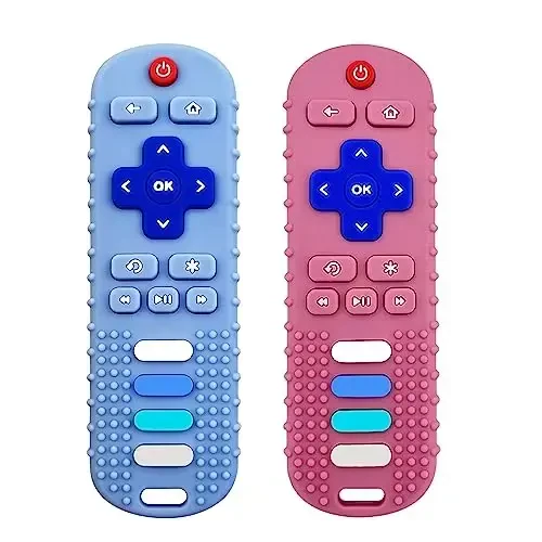 ROBBEAR Baby Teething Toys, Food Grade Silicone Teether for Babies 3 6 12 18 Months, TV Remote Shape Toddlers Chew Toys, Freezer BPA Free (Pink+Blue) - ROBBEAR