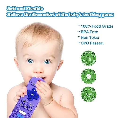 ROBBEAR Baby Teething Toys, Food Grade Silicone Teether for Babies 3 6 12 18 Months, TV Remote Shape Toddlers Chew Toys, Freezer BPA Free (Purple+Khaki) - 3