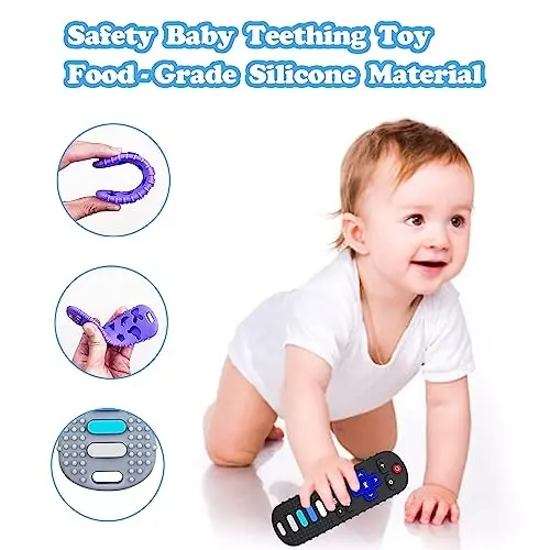 ROBBEAR Baby Teething Toys, Food Grade Silicone Teether for Babies 3 6 12 18 Months, TV Remote Shape Toddlers Chew Toys, Freezer BPA Free (Purple+Khaki) - 5