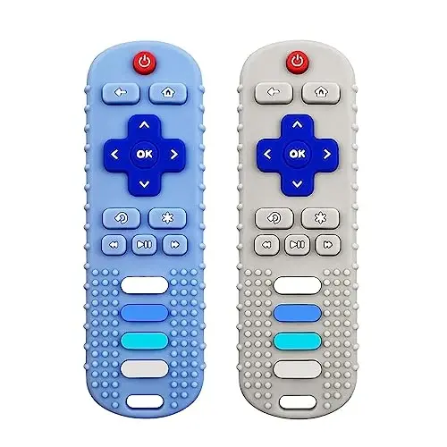 ROBBEAR Baby Teething Toys, Food Grade Silicone Teether for Babies 3 6 12 18 Months, TV Remote Shape Toddlers Chew Toys, Freezer BPA Free (Blue+Beige) - 1