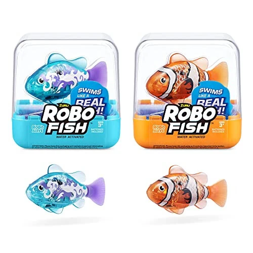 Robo Alive Robo Fish Robotic Swimming Fish (Teal + Orange) by ZURU Water Activated, Changes Color, Comes with Batteries,ModazoneExclusive (2 Pack) Series 3 - Robo (1)
