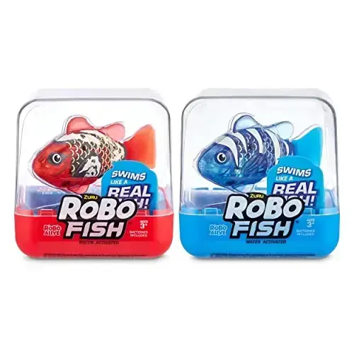 Robo Alive Robo Fish Series 2 (Red + Blue 2 Pack) by ZURU Robotic Swimming Fish Water Activated, Changes Color, Comes with Batteries,ModazoneExclusive - Red + Blue (2 Pack),Multi,7165G - ROBO