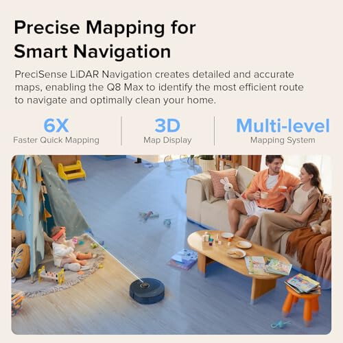 Roborock Q8 Max, güçlü emiş gücü ve çift fırça sistemiyle evinizdeki tozu, kiri ve hayvan tüylerini temizler. Lidar navigasyon ve engel tanıma özelliğiyle odalarınızı etkili bir şekilde temizler. - 5