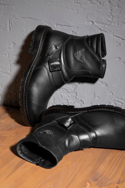 Rock Genuine Leather Men's Lace-Up Furry Ankle Boots, Harley Boots - DUCAVELLI