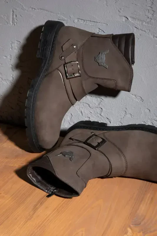 Rock Hakiki Deri Erkek Bağcıksız Kürklü Postal Bot, Harley Bot-Kahve Nubuk - 1