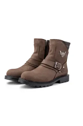 Rock Hakiki Deri Erkek Bağcıksız Kürklü Postal Bot, Harley Bot-Kahve Nubuk - DUCAVELLI (1)