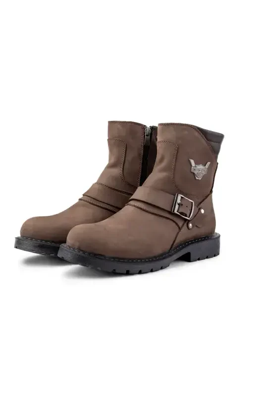 Rock Hakiki Deri Erkek Bağcıksız Kürklü Postal Bot, Harley Bot-Kahve Nubuk - 2