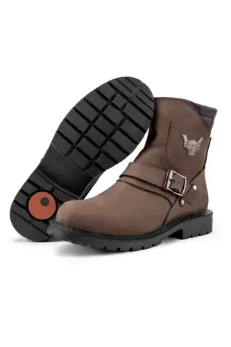 Rock Hakiki Deri Erkek Bağcıksız Kürklü Postal Bot, Harley Bot-Kahve Nubuk - 3
