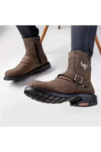 Rock Hakiki Deri Erkek Bağcıksız Kürklü Postal Bot, Harley Bot-Kahve Nubuk - 5