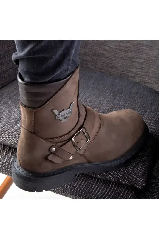 Rock Hakiki Deri Erkek Bağcıksız Kürklü Postal Bot, Harley Bot-Kahve Nubuk - 6
