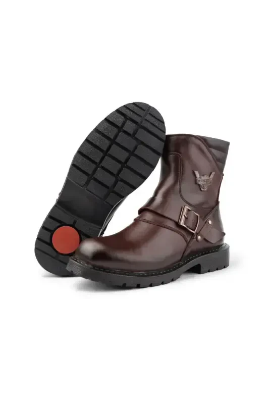 Rock Hakiki Deri Erkek Bağcıksız Kürklü Postal Bot, Harley Bot-Kahverengi - 3