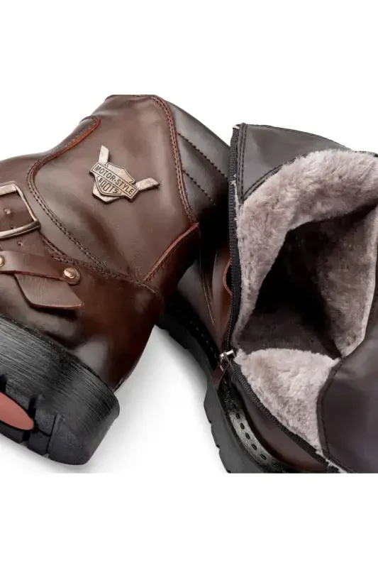 Rock Hakiki Deri Erkek Bağcıksız Kürklü Postal Bot, Harley Bot-Kahverengi - 4