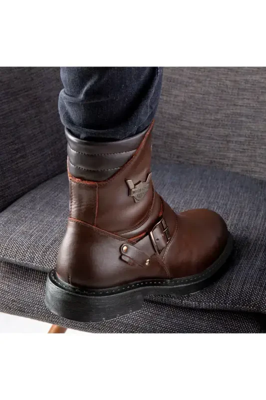 Rock Hakiki Deri Erkek Bağcıksız Kürklü Postal Bot, Harley Bot-Kahverengi - 5