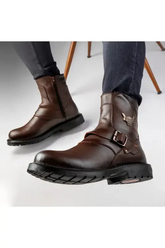 Rock Hakiki Deri Erkek Bogʻichsiz Koʻrklü Postal Bot, Harley Bot-Jigarrang - 6