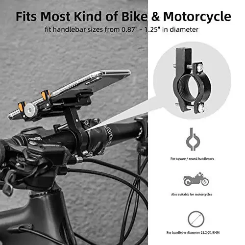 ROCKBROS Bike Phone Holder, Motorcycle Phone Mount, Anti-Shake Cell Phone Holder, 360° Adjustable for iPhone 16, 15 Pro Max/Plus, S9, S10 and More 4.7