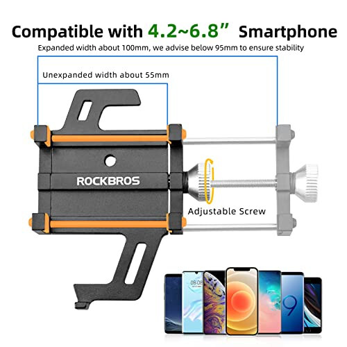 ROCKBROS Bike Phone Holder, Motorcycle Phone Mount, Anti-Shake Cell Phone Holder, 360° Adjustable for iPhone 16, 15 Pro Max/Plus, S9, S10 and More 4.7