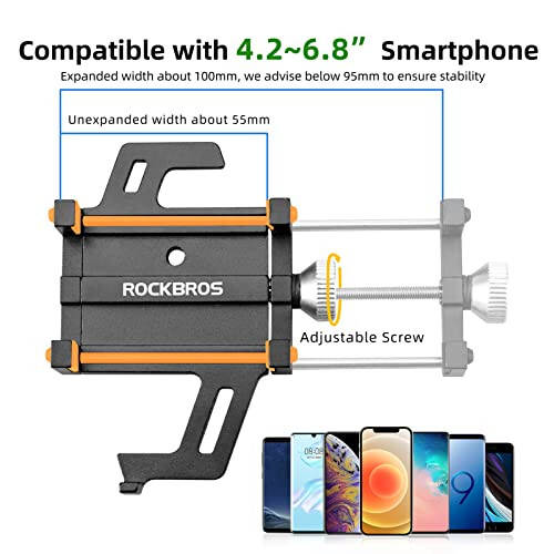 ROCKBROS Bike Phone Holder, Motorcycle Phone Mount, Anti-Shake Cell Phone Holder, 360° Adjustable for iPhone 16, 15 Pro Max/Plus, S9, S10 and More 4.7