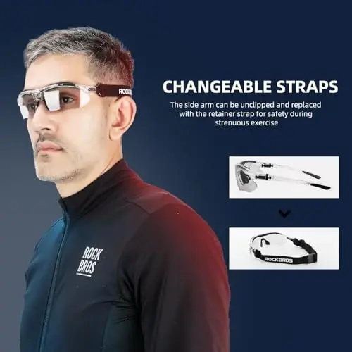 ROCKBROS Photochromic Sport Quyoshdan saqlaydigan ko'zoynaklar Erkaklar uchun Pickleball ko'zoynaklari Velosiped ko'zoynaklari MTB Quyoshdan saqlaydigan ko'zoynaklar, Yechiladigan Elastik Tasma bilan - 4