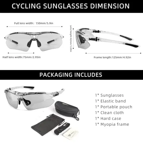 ROCKBROS Photochromic Sport Quyoshdan saqlaydigan ko'zoynaklar Erkaklar uchun Pickleball ko'zoynaklari Velosiped ko'zoynaklari MTB Quyoshdan saqlaydigan ko'zoynaklar, Yechiladigan Elastik Tasma bilan - 6