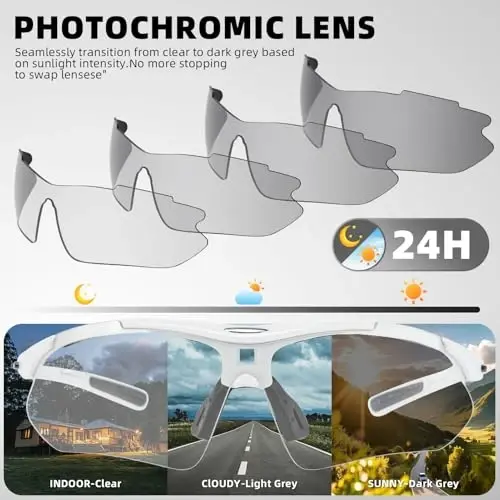 ROCKBROS Photochromic Sports Sunglasses Mens Pickleball Glasses Cycling Glasses MTB Sunglasses, with Removable Elasctic Band - ROCKBROS