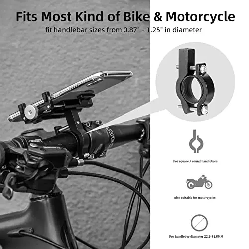 ROCKBROS Velosiped Telefon Ulagichi, Mototsikl Telefon O'rnatmasi, Anti-tebranish Uyali Telefon Ulagichi, 360° Sozlanishi iPhone 16, 15 Pro Max/Plus, S9, S10 va boshqalar 4,7