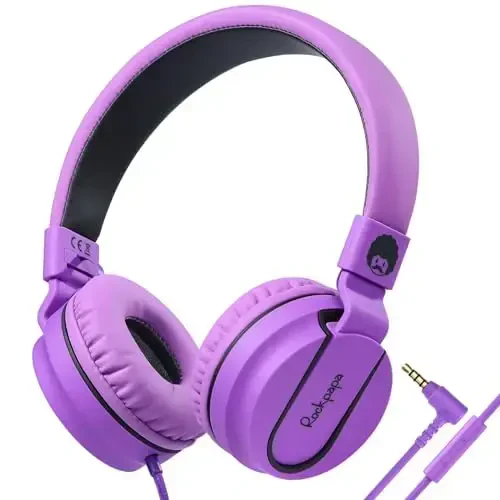 rockpapa 950 Wired Headphones for Kids Girls Boys for School Classroom with Microphone, On-Ear Foldable Corded Headphones with Jack 3.5mm for Laptop Computer Tablet Chromebooks Black Purple - ROCKPAPA