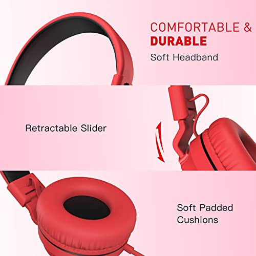 rockpapa 950 Wired Headphones for Kids Girls Boys for School Classroom with Microphone, On-Ear Foldable Corded Headphones with Jack 3.5mm for Laptop Computer Tablet Chromebooks Black Red - MODAZONE (1)