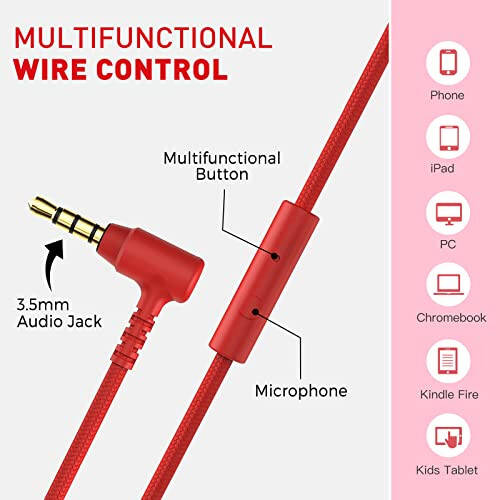 rockpapa 950 Wired Headphones for Kids Girls Boys for School Classroom with Microphone, On-Ear Foldable Corded Headphones with Jack 3.5mm for Laptop Computer Tablet Chromebooks Black Red - 4