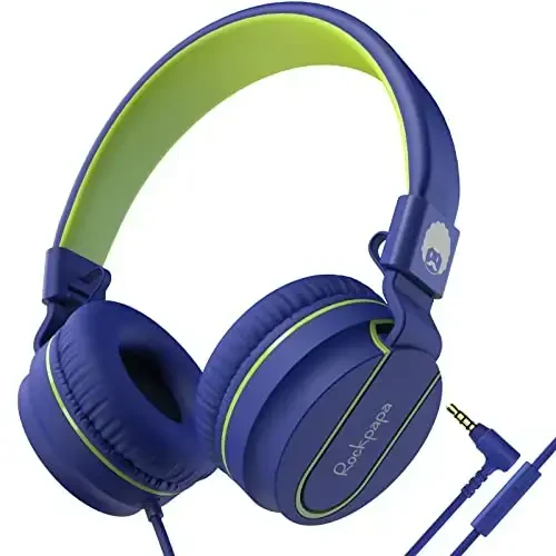 rockpapa 950 Wired Headphones for Kids Girls Boys for School Classroom with Microphone, On-Ear Foldable Corded Headphones with Jack 3.5mm for Laptop Computer Tablet Chromebooks Blue Green - 1