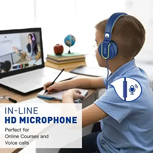 rockpapa 950 Wired Headphones for Kids Girls Boys for School Classroom with Microphone, On-Ear Foldable Corded Headphones with Jack 3.5mm for Laptop Computer Tablet Chromebooks Blue Green - 5