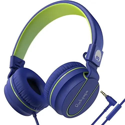 rockpapa 950 Wired Headphones for Kids Girls Boys for School Classroom with Microphone, On-Ear Foldable Corded Headphones with Jack 3.5mm for Laptop Computer Tablet Chromebooks Blue Green 