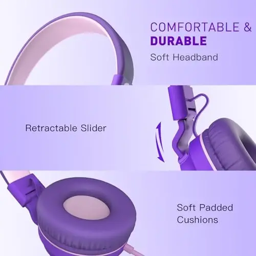rockpapa 950 Wired Headphones for Kids Girls Boys for School Classroom with Microphone, On-Ear Foldable Corded Headphones with Jack 3.5mm for Laptop Computer Tablet Chromebooks Purple Pink - 2