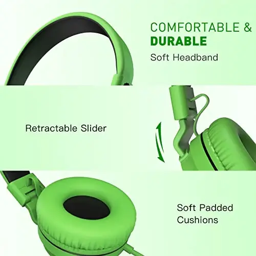 rockpapa 950 Wired Headphones for Kids Girls Boys for School Classroom with Microphone, On-Ear Foldable Corded Headphones with Jack 3.5mm for Laptop Computer Tablet Chromebooks Black Green - 2