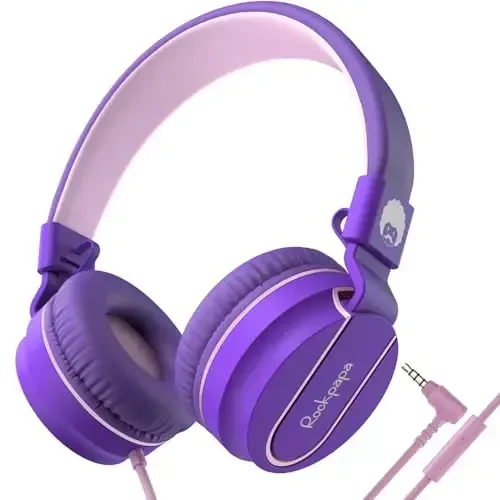 rockpapa 950 Проводные наушники для детей девочек и мальчиков для школы класса с микрофоном, накладные складные проводные наушники с разъемом 3,5 мм для ноутбука, компьютера, планшета Chromebook, фиолетово-розовый - 1
